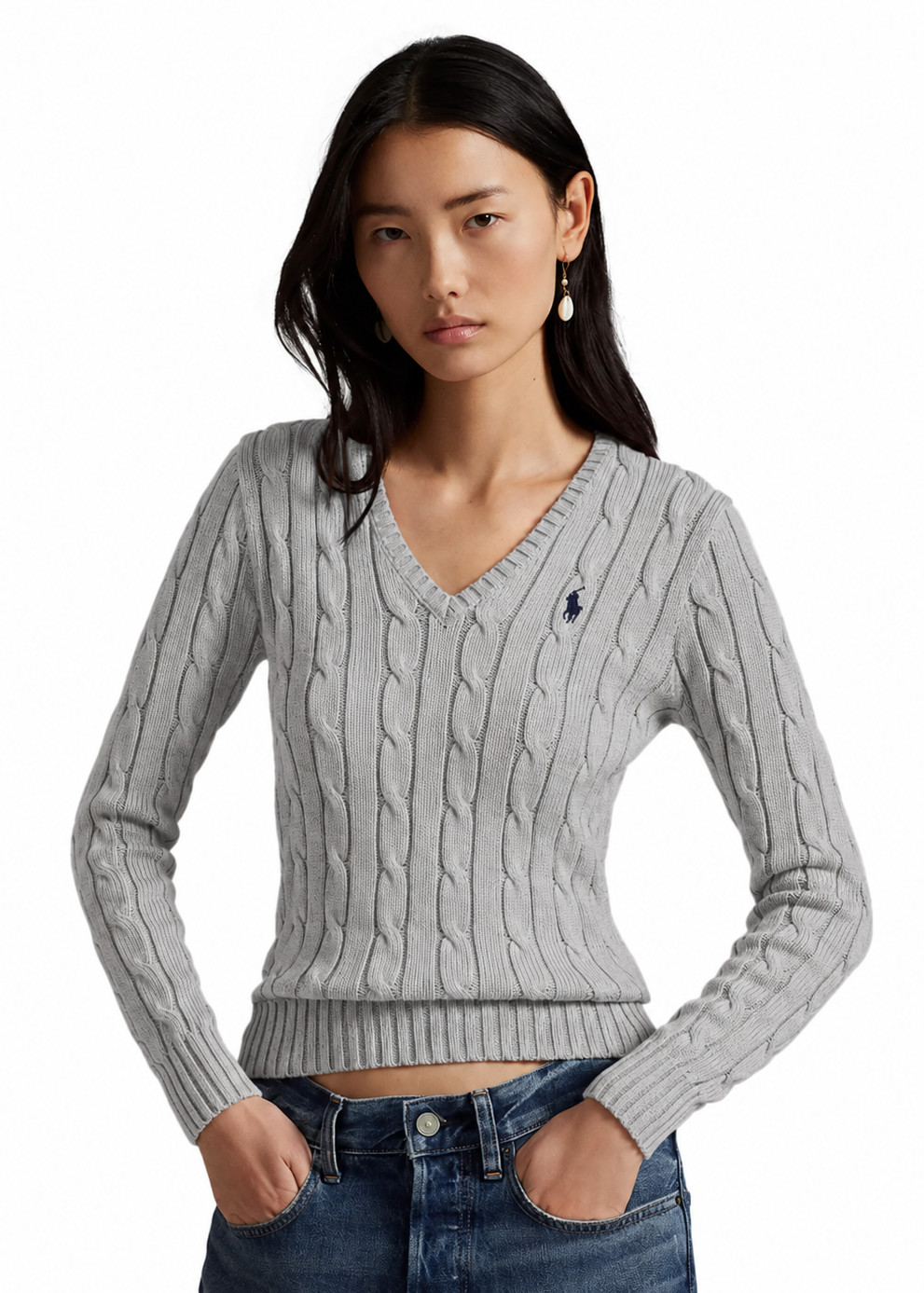 Polo Ralph Lauren Women’s Cable-Knit V-Neck Sweater –Gray
