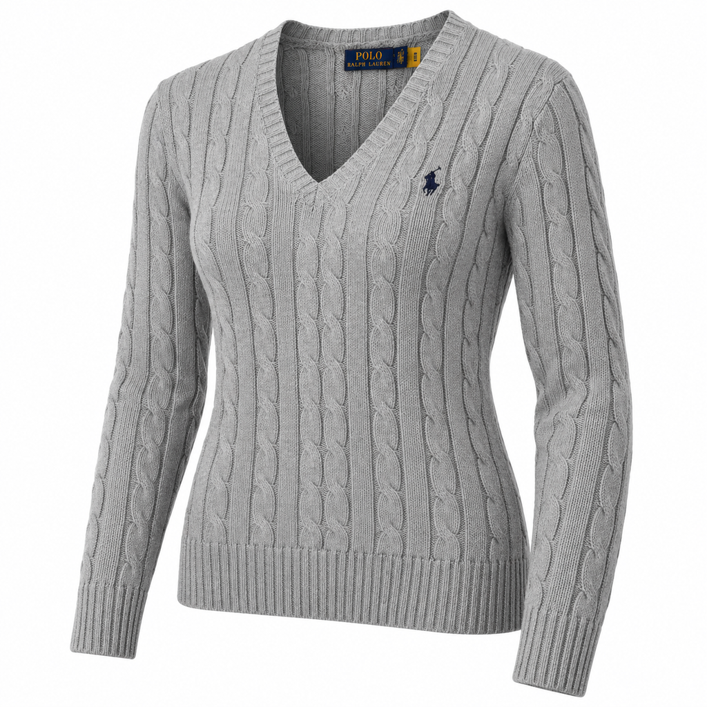 Polo Ralph Lauren Women’s Cable-Knit V-Neck Sweater –Gray