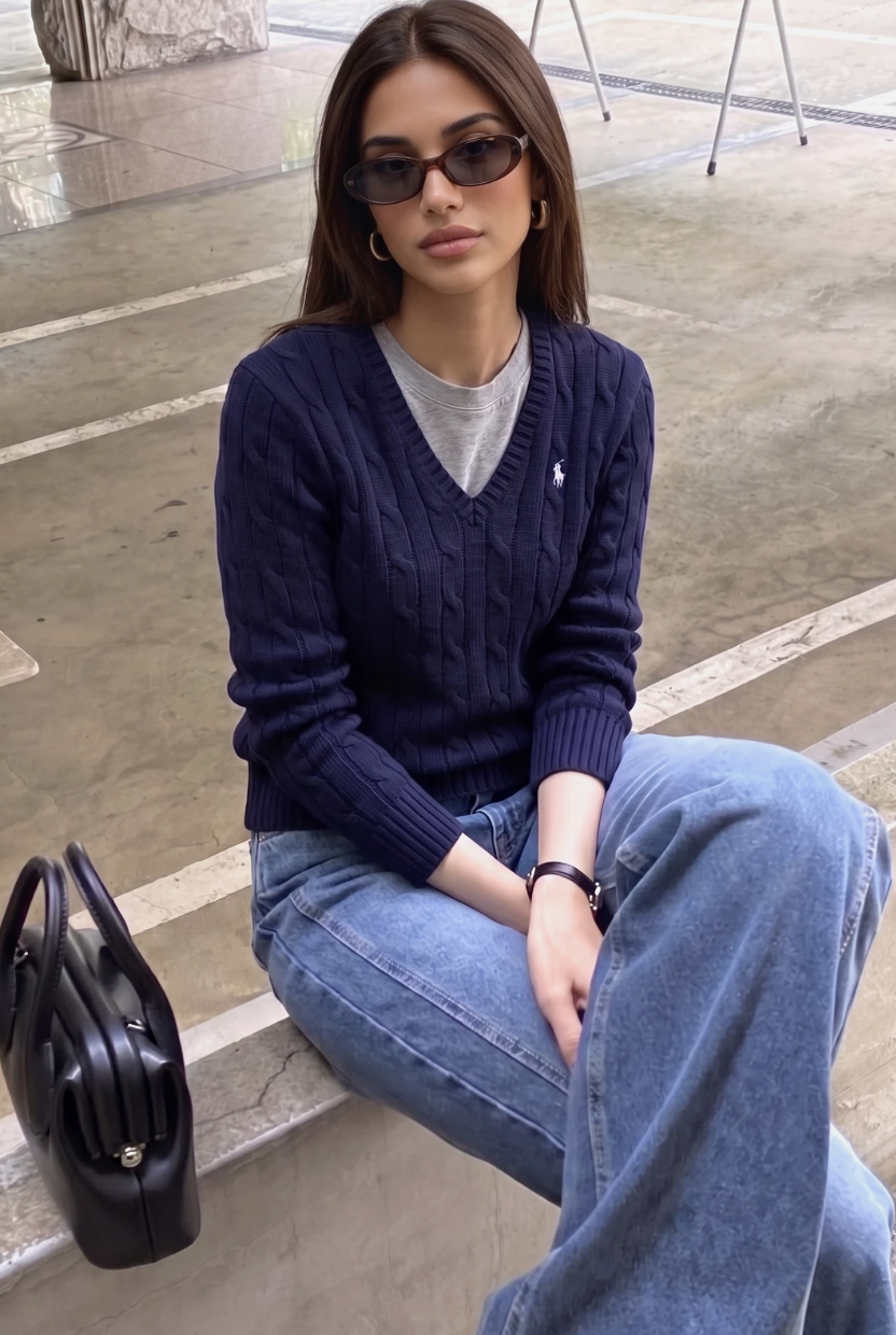 Polo Ralph Lauren Women’s Cable-Knit V-Neck Sweater –Navy