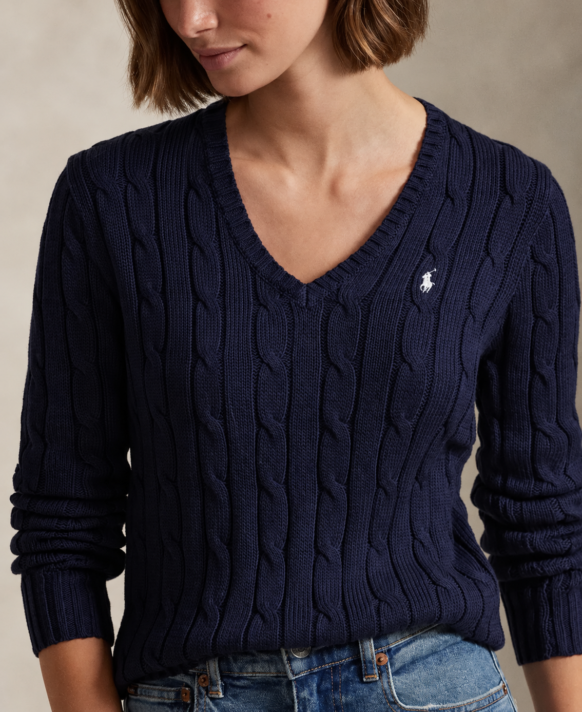 Polo Ralph Lauren Women’s Cable-Knit V-Neck Sweater –Navy