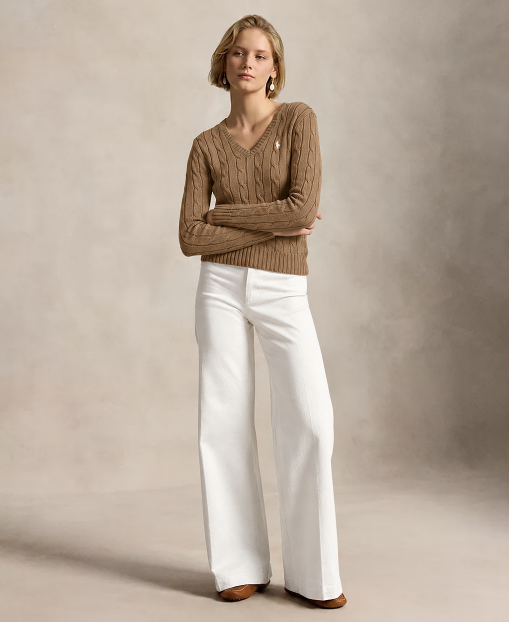 Polo Ralph Lauren Women’s Cable-Knit V-Neck Sweater – Brown