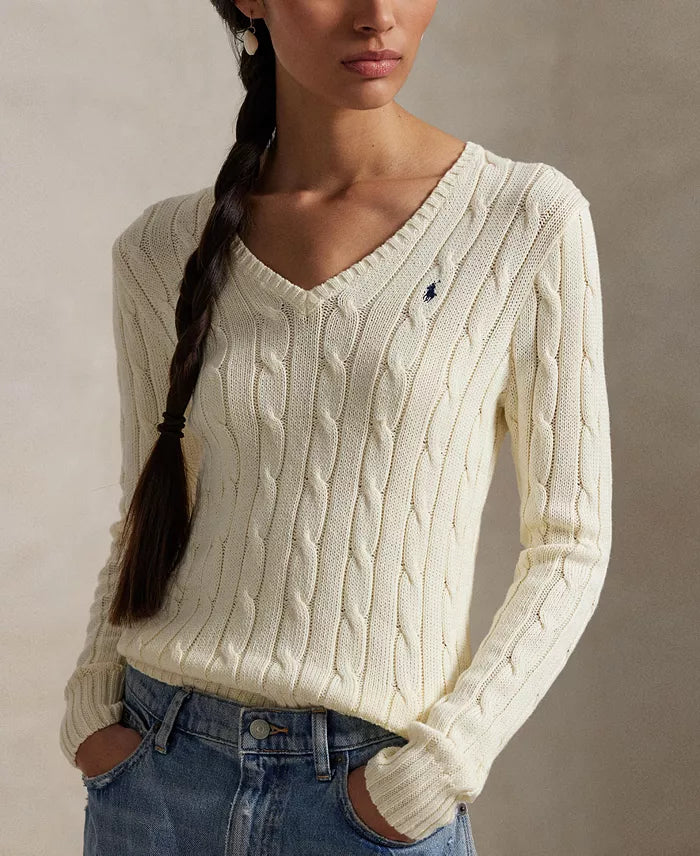 Polo Ralph Lauren Women’s Cable-Knit V-Neck Sweater –Ivory