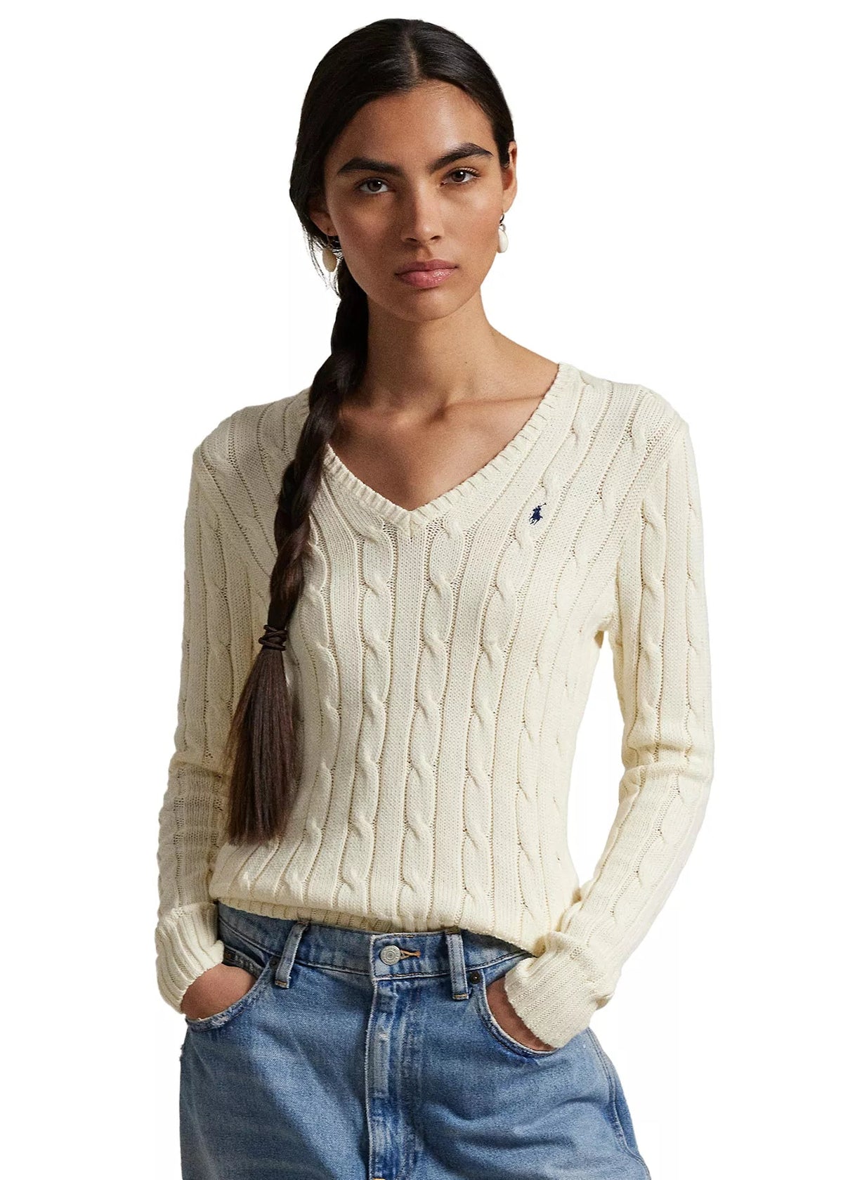 Polo Ralph Lauren Women’s Cable-Knit V-Neck Sweater –Ivory