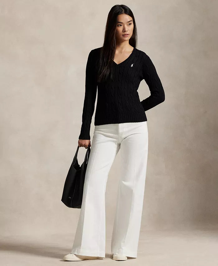 Polo Ralph Lauren Women’s Cable-Knit V-Neck Sweater –Black