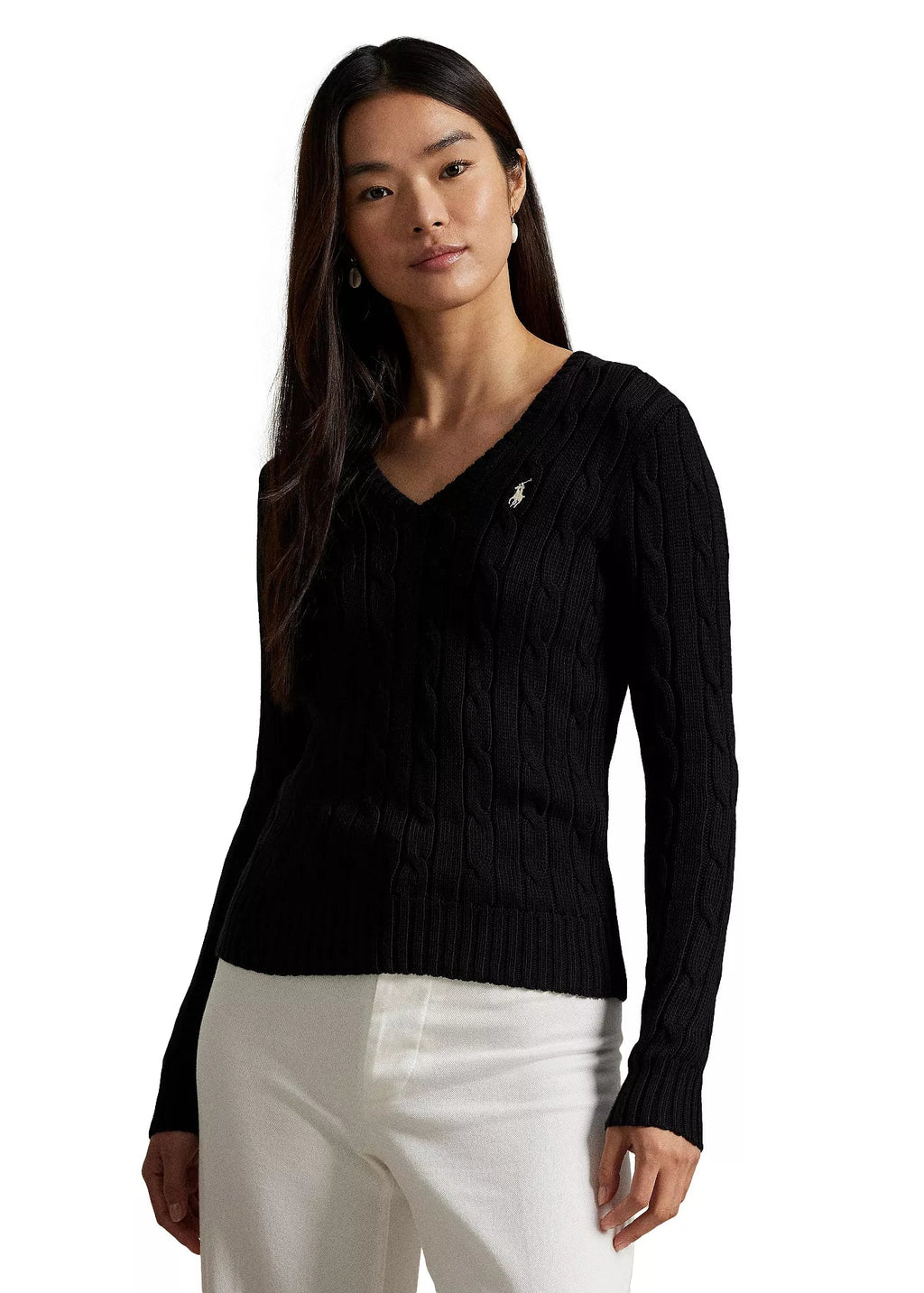 Polo Ralph Lauren Women’s Cable-Knit V-Neck Sweater –Black