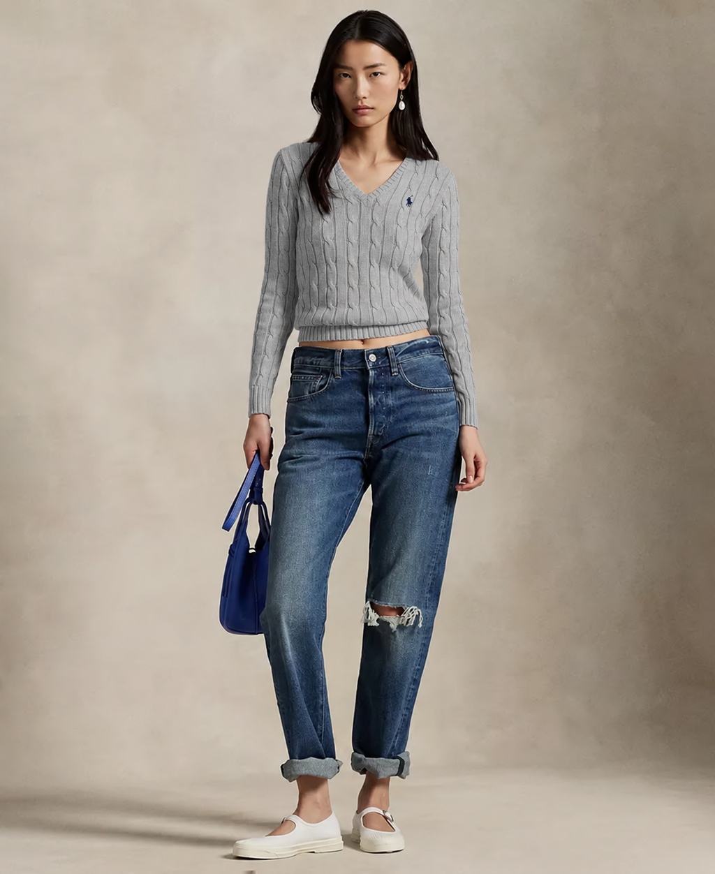 Polo Ralph Lauren Women’s Cable-Knit V-Neck Sweater –Gray