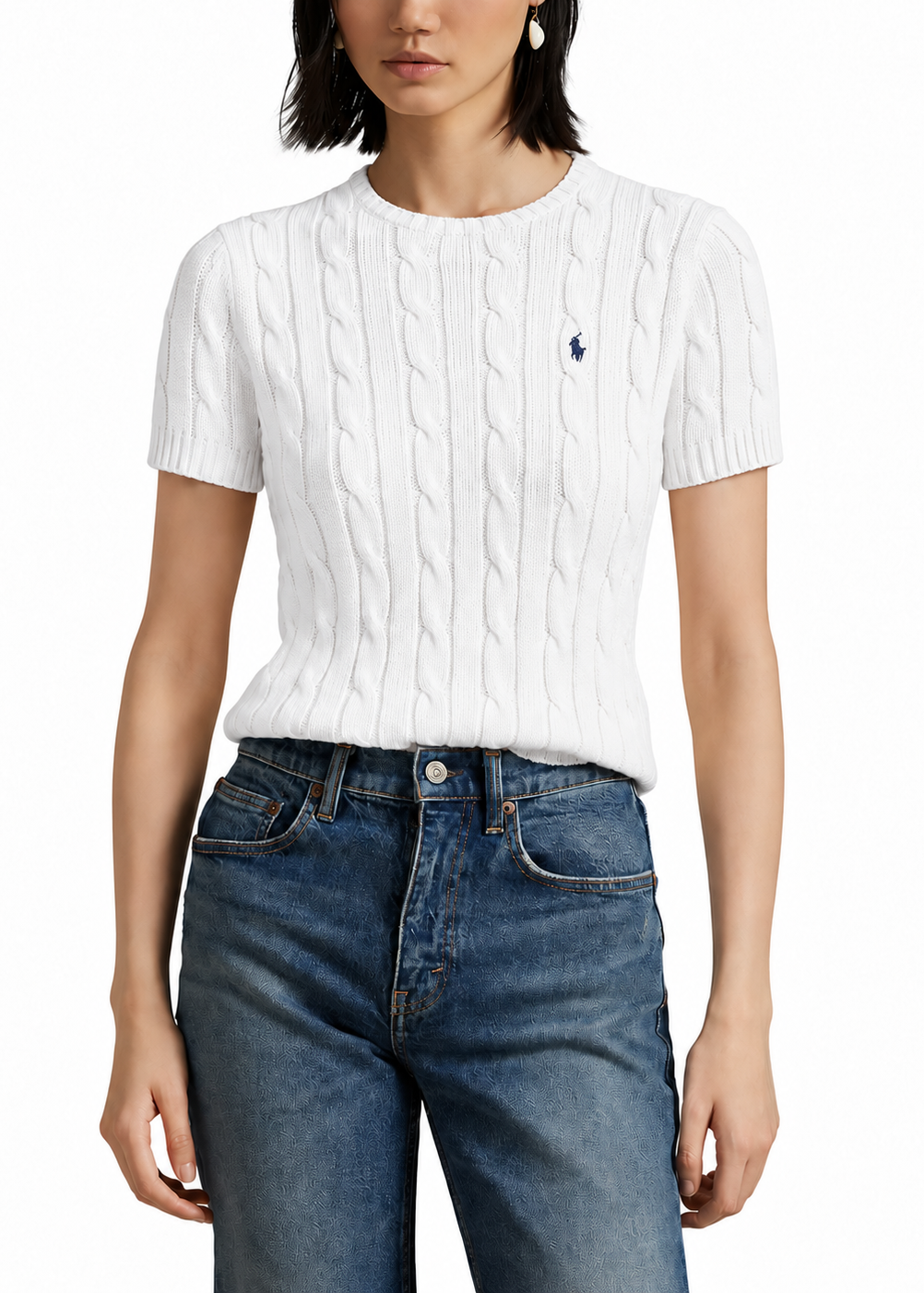 Polo Ralph Lauren Women’s Pima Cotten Cable-Knit Short-Sleeve Sweater – White
