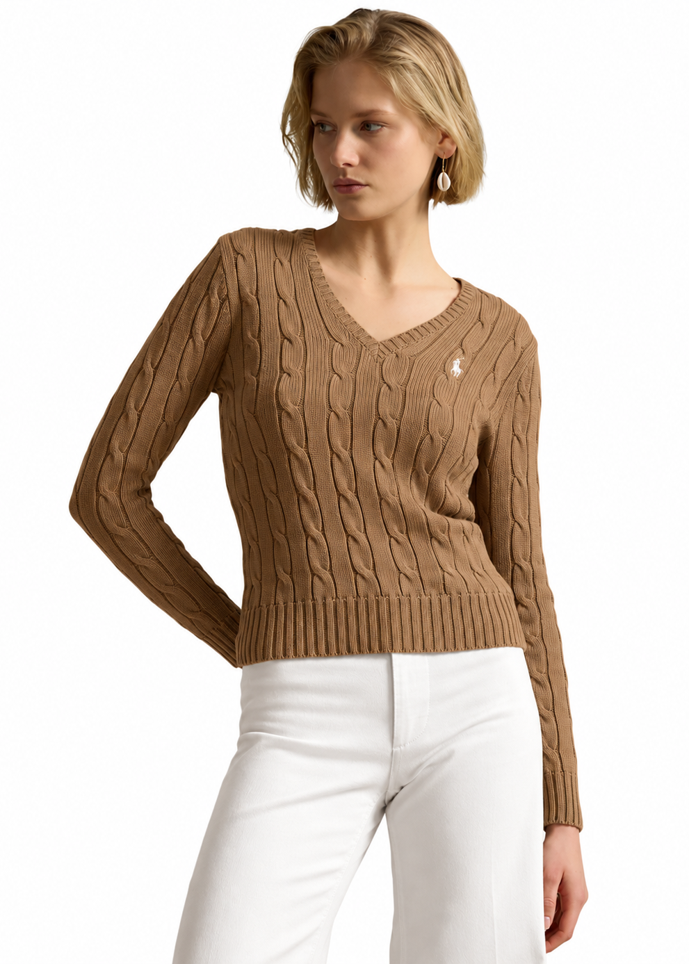 Polo Ralph Lauren Women’s Cable-Knit V-Neck Sweater – Brown