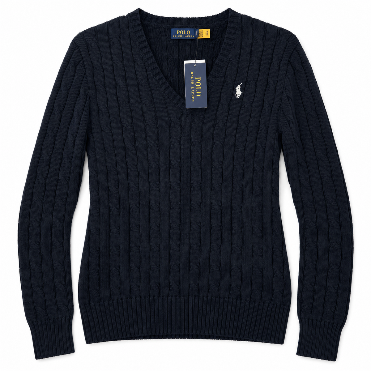 Polo Ralph Lauren Women’s Cable-Knit V-Neck Sweater –Navy