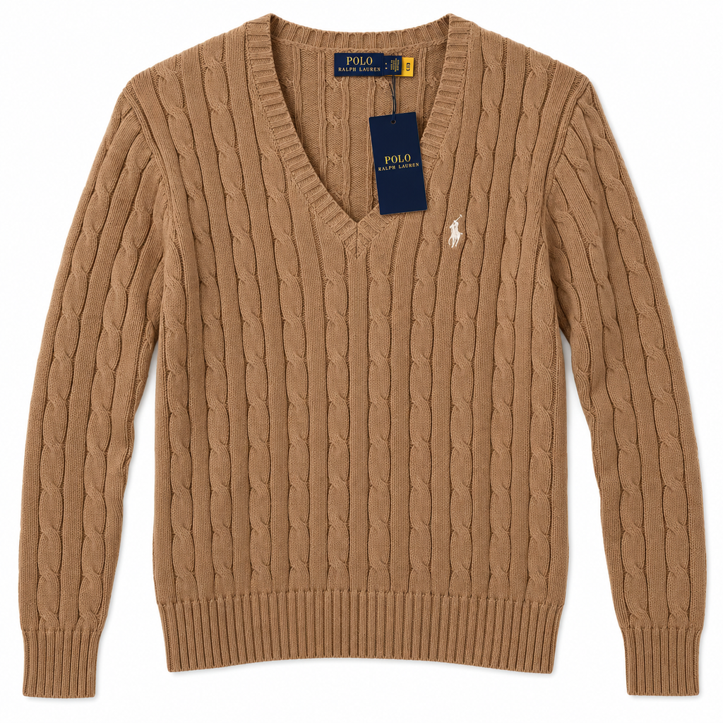 Polo Ralph Lauren Women’s Cable-Knit V-Neck Sweater – Brown