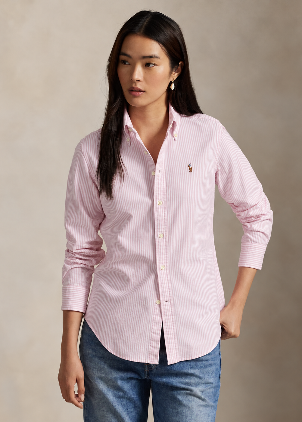 Polo Ralph Lauren Women's Pink Stripe  Cotton Oxford Shirt