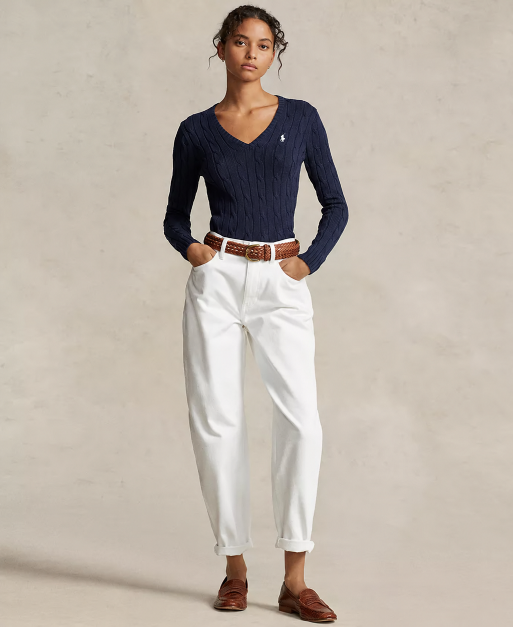 Polo Ralph Lauren Women’s Cable-Knit V-Neck Sweater –Navy