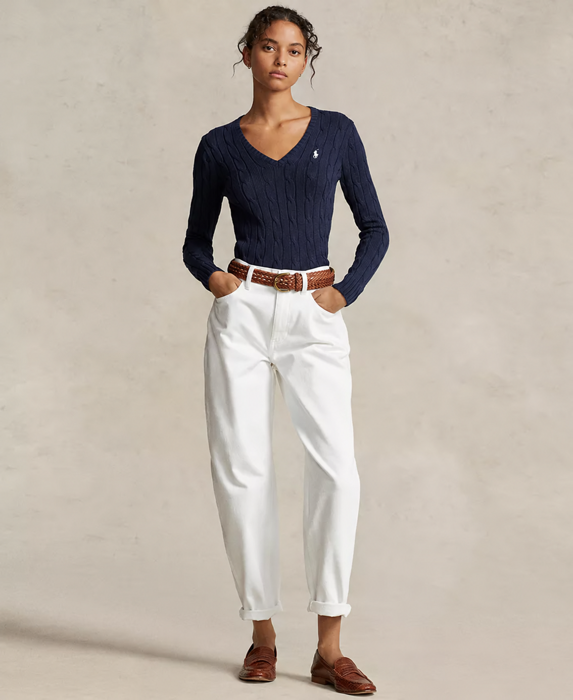 Polo Ralph Lauren Women’s Cable-Knit V-Neck Sweater –Navy