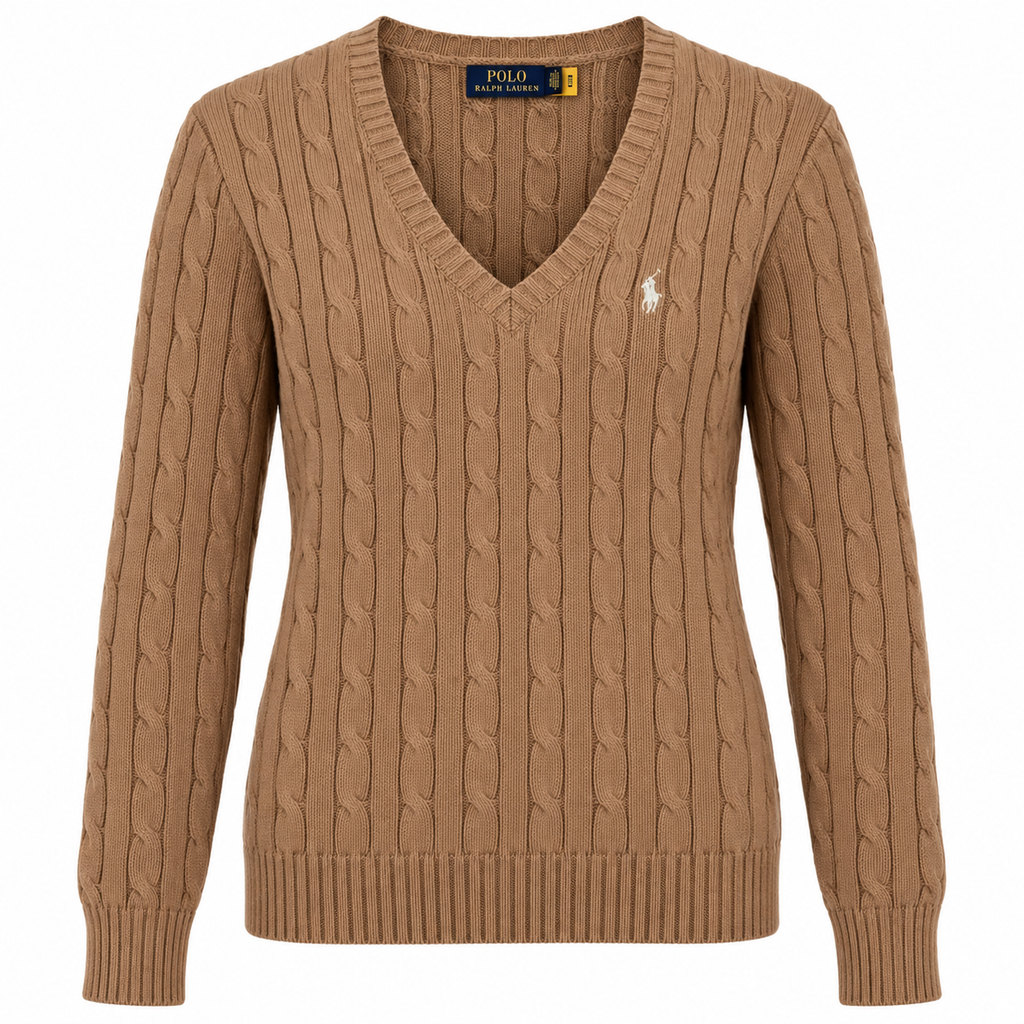 Polo Ralph Lauren Women’s Cable-Knit V-Neck Sweater – Brown