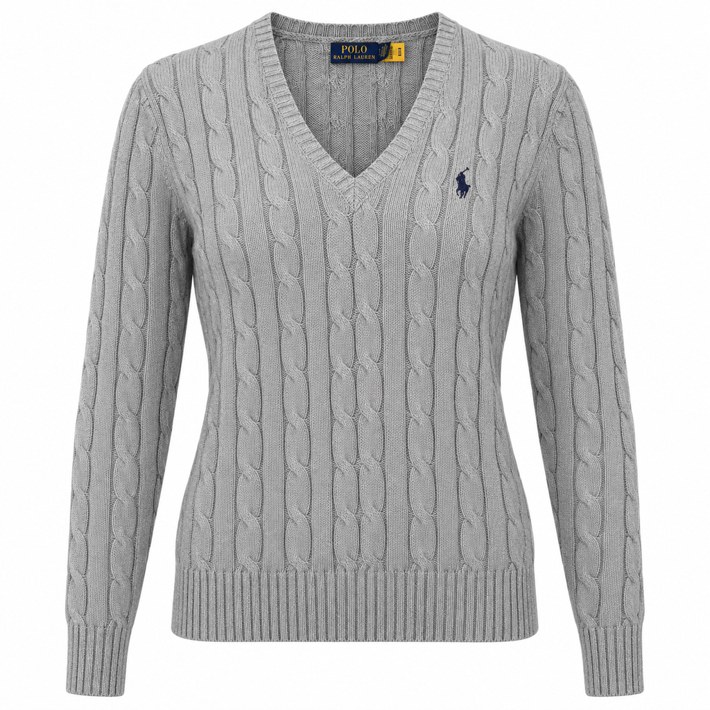 Polo Ralph Lauren Women’s Cable-Knit V-Neck Sweater –Gray