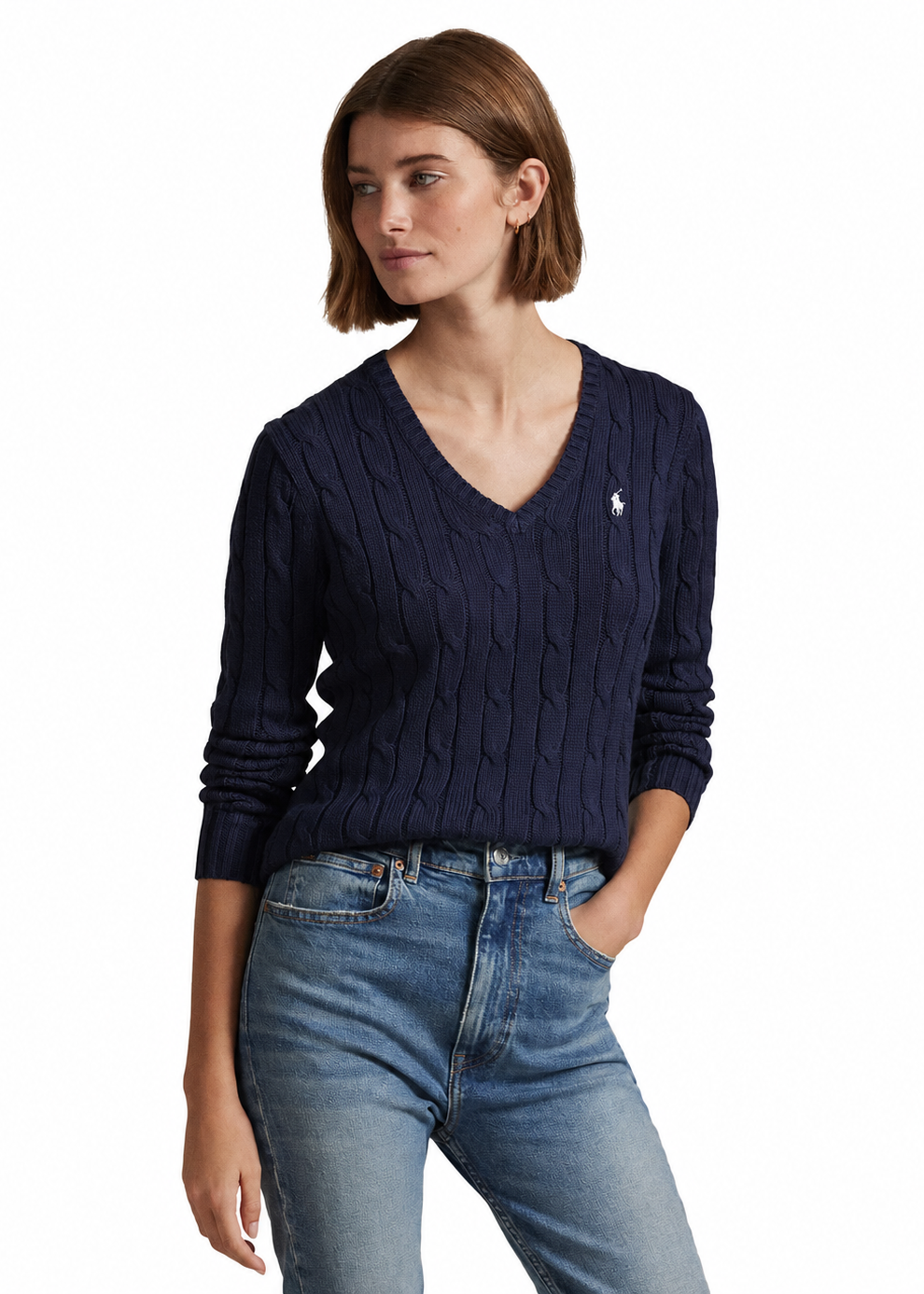 Polo Ralph Lauren Women’s Cable-Knit V-Neck Sweater –Navy