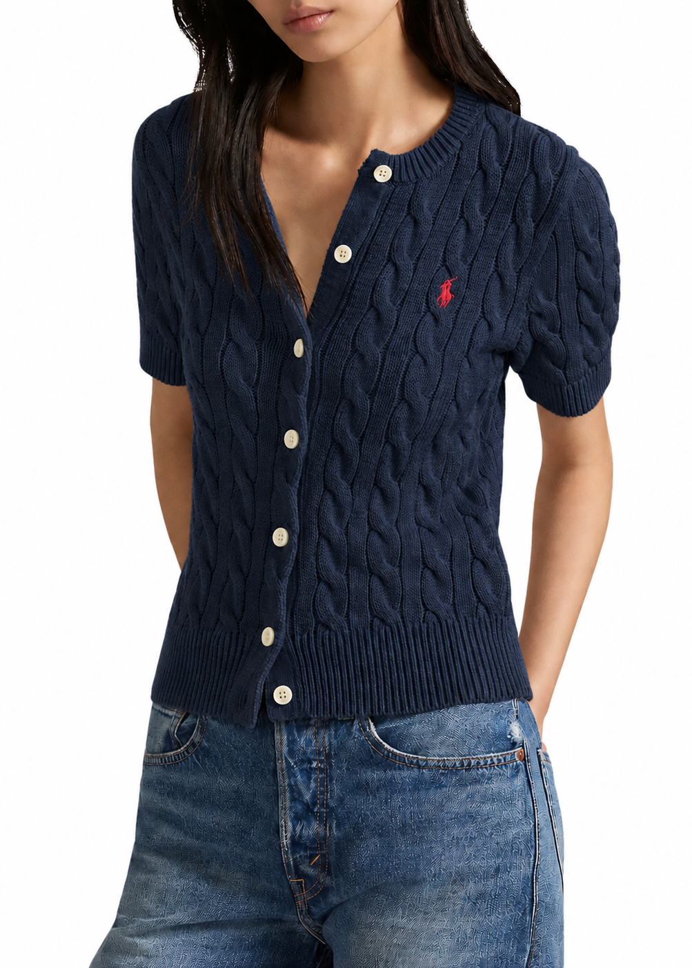 Polo Ralph Lauren Women’s Cable-Knit Short-Sleeve Cardigan – Navy