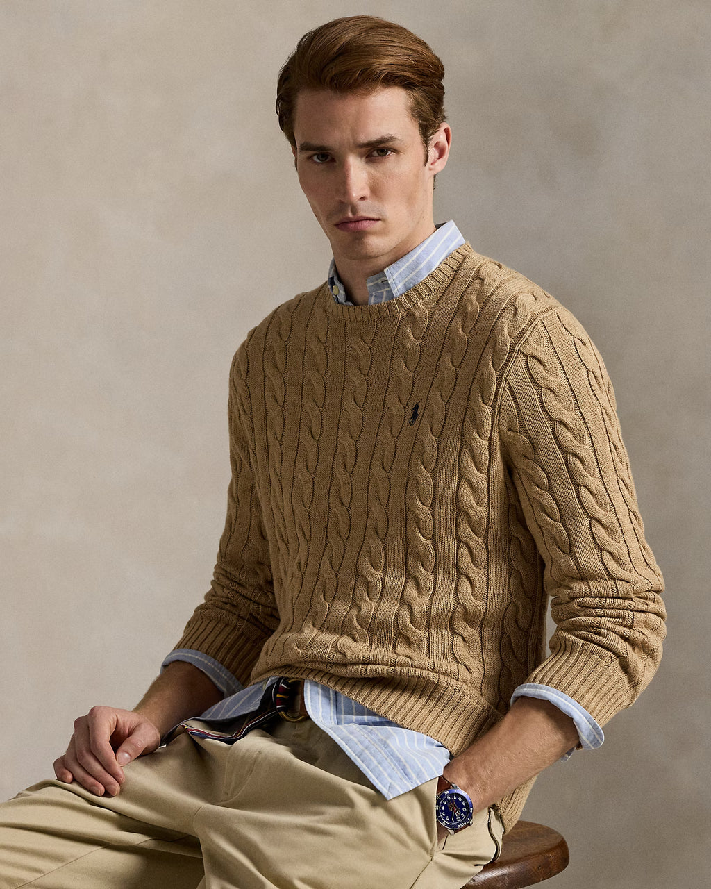 Polo Ralph Lauren Men’s Cotton Cable-Knit Crewneck Sweater-Brown